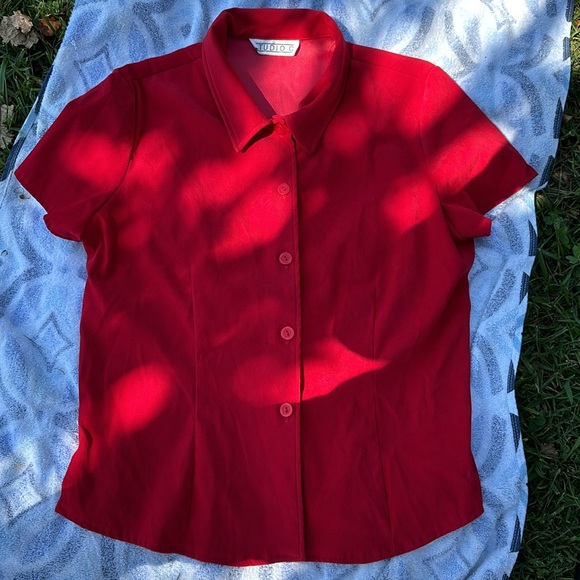Studio C Red Faux Suede Short Sleeves Blazer Button Up Blouse Slits on Sides 16 - Picture 13 of 15